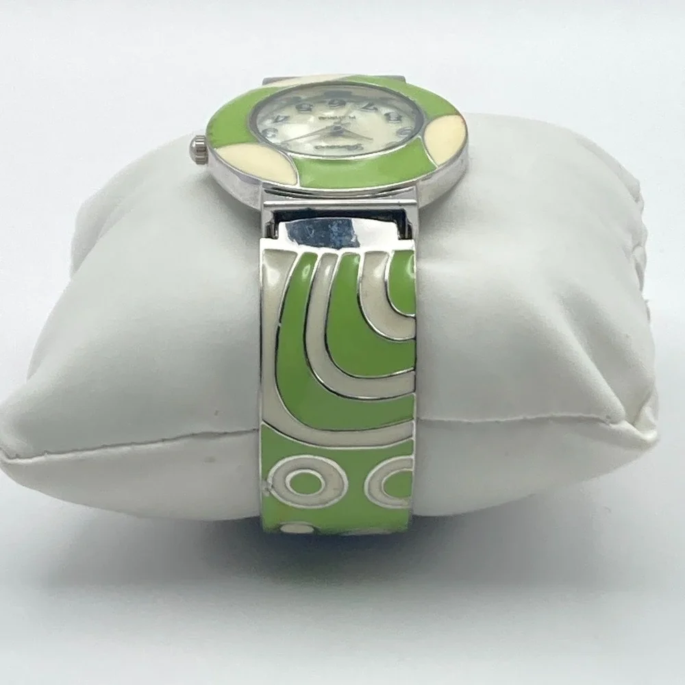 Geneva Women's Watch Silver Tone Green Enamel Look Cuff MOP New Battery SMALL 6